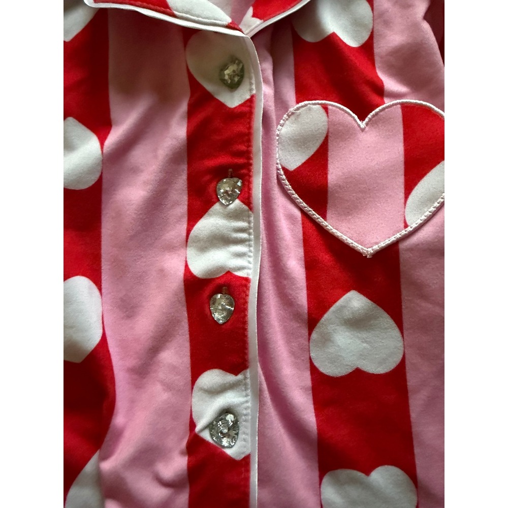 BTWEEN Girls Heart Pajama Set Pink Red Stripe w/ Gem Button Accents & Shorts 5/6 - Picture 3 of 5